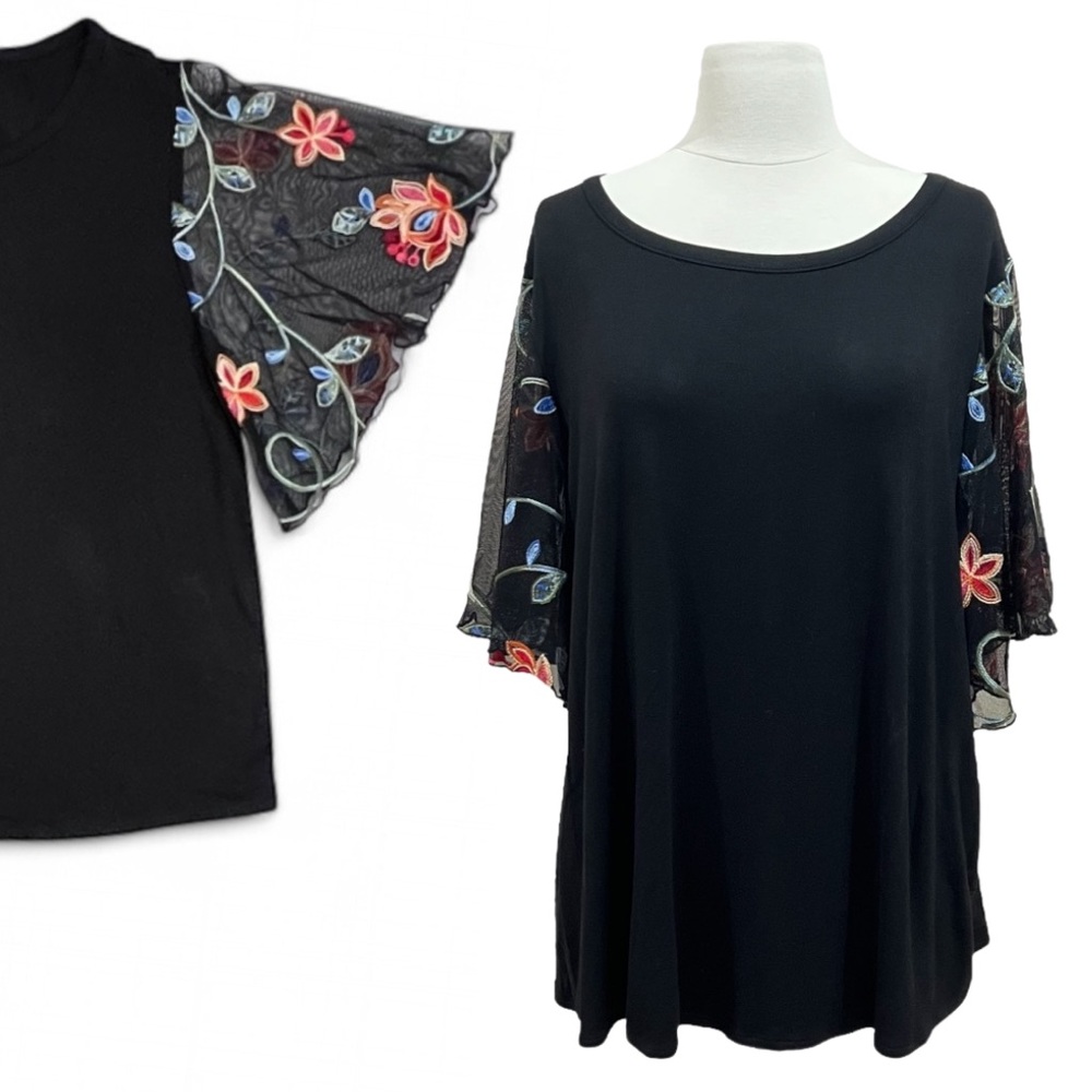 Kim & Cami Black Top with Embroidered Floral Mesh Sleeves 2X